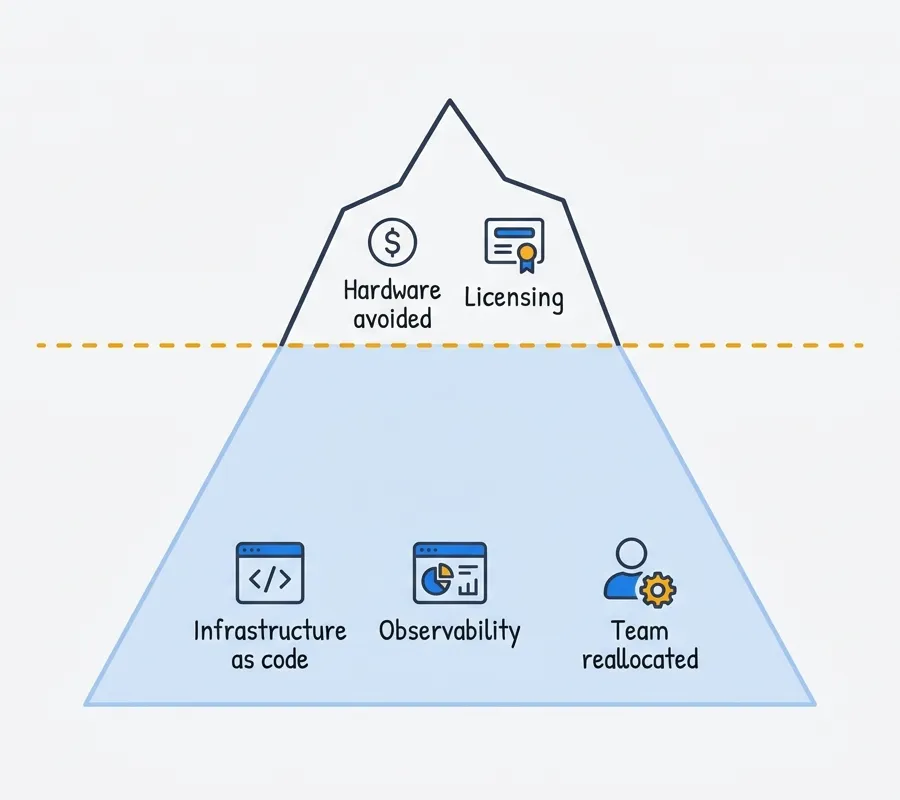 Iceberg diagram showing hardware and licensing savings above the waterline, and infrastructure as code, observability, and team reallocation as larger hidden benefits below