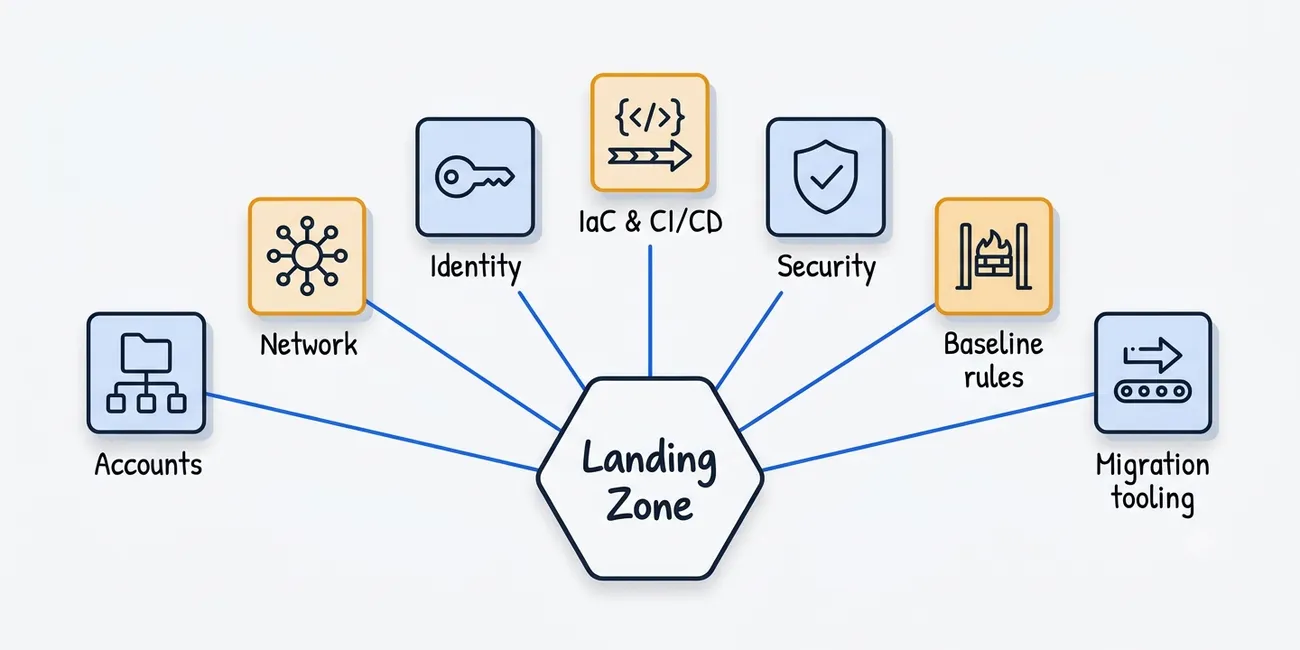 Diagram showing seven landing zone pillars — accounts, networking, identity, platform engineering and IaC pipelines, security guardrails, baseline security group rules, and migration tooling — connecting into a central landing zone hub
