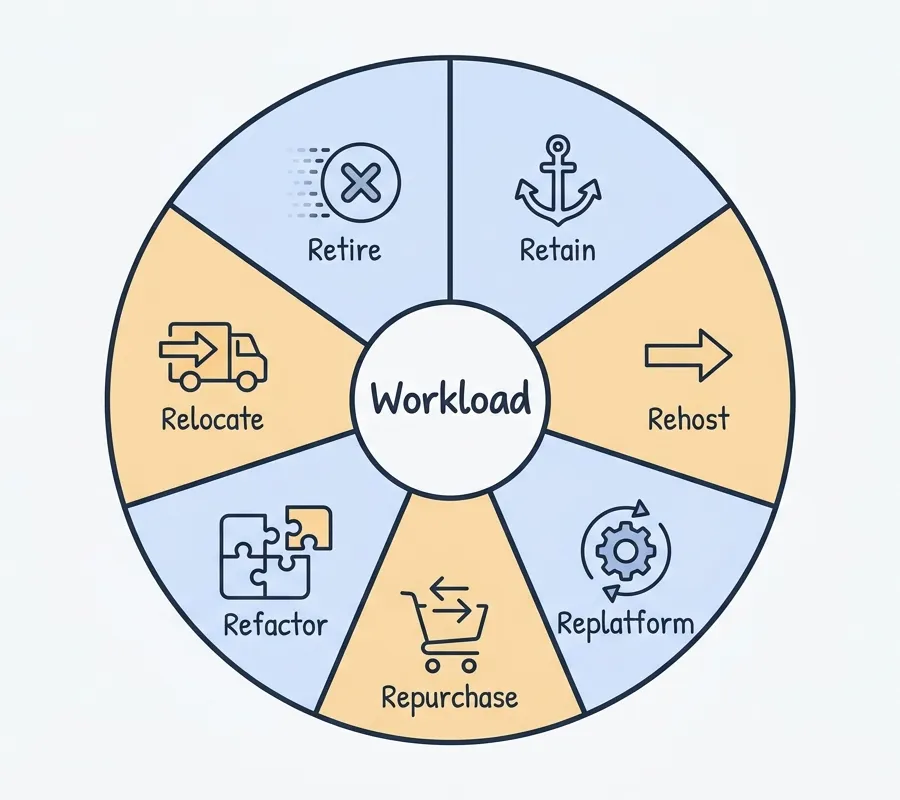 Radial diagram of the seven migration treatments — retire, retain, rehost, replatform, repurchase, refactor, relocate — arranged around a central workload icon