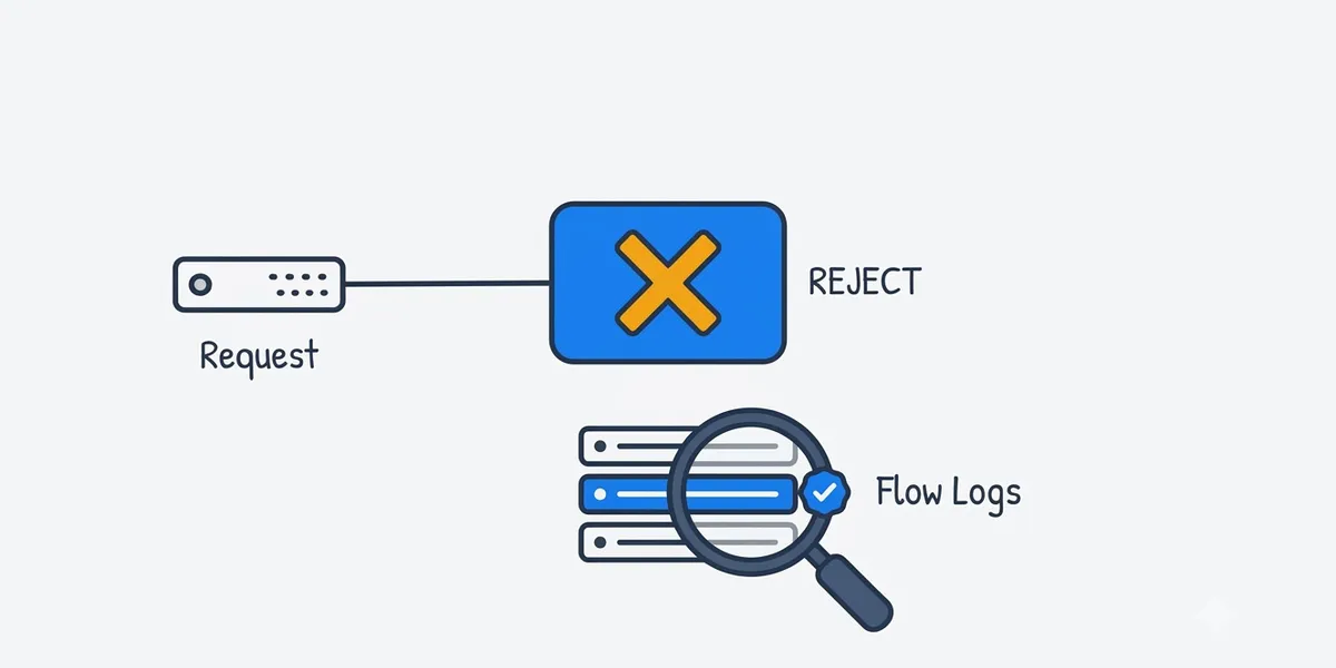 Diagram showing a rejected connection at a security group gate, diagnosed using VPC Flow Logs to identify the missing rule