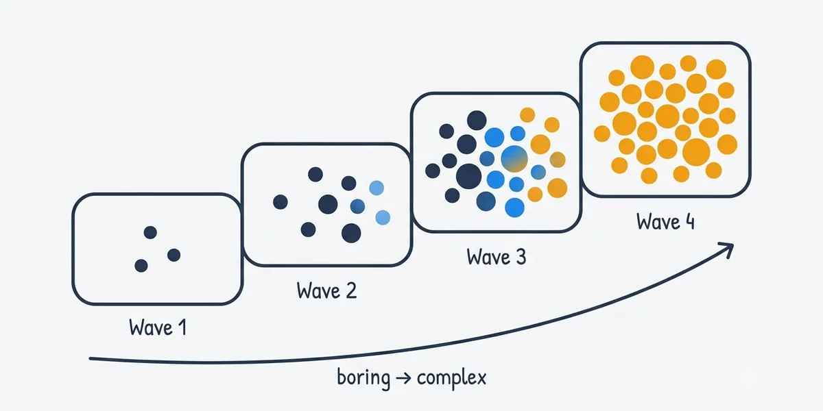 Four migration waves shown as increasing bands of complexity, illustrating wave sequencing from simple to complex